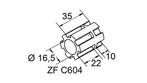Mozzo di trasmissione lungo Ø 16,5 foro passante.