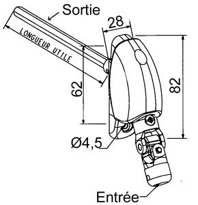 Renvois à 120° embase étroite - Entrée Ø 12 mm - Sortie carré de 8 mm - Lg 355 mm