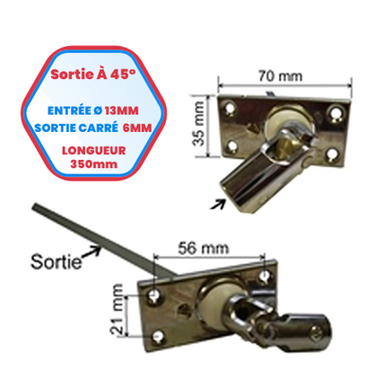 Sortie de caisson à 45° - Entrée Ø 13 mm - Sortie carrée de 6 mm - Longueur 350 mm