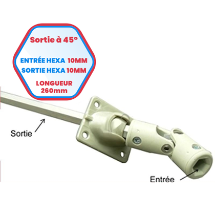Sortie de caisson à 45° - Entrée hexa de 10 mm - Sortie hexa de 10 mm - Longueur 260 mm
