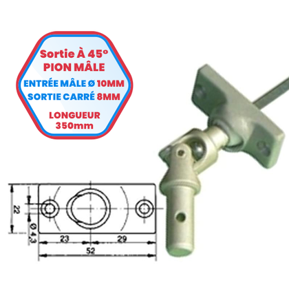 PVC-Kastenauslass mit 45°-Steckerzapfen – Einlass-Außengewinde Ø 10 mm – quadratischer Auslass 8 mm – Länge 300 mm