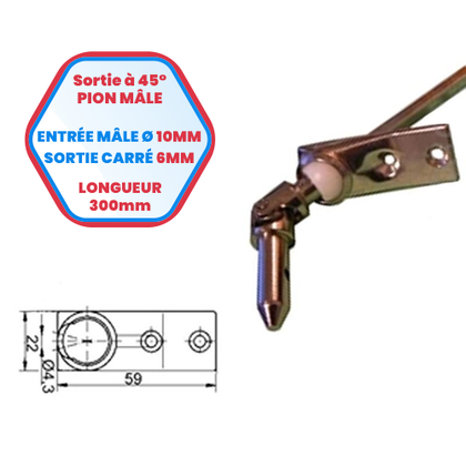 Kastenauslass mit 45°-Steckerstift - Einlassstecker Ø 12 mm - Quadratischer Auslass 6 mm - Platte 22 x 59 mm