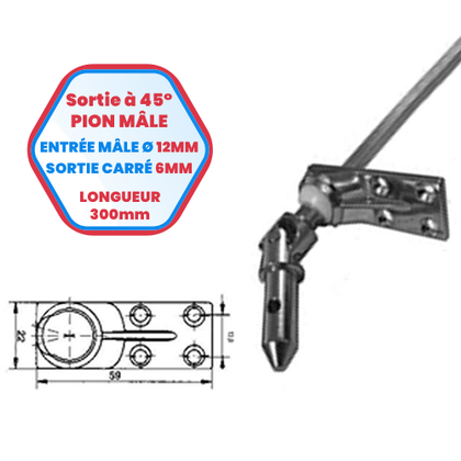 Kastenauslass mit 45°-Steckerzapfen – Einlass-Stecker Ø 12 mm – quadratischer Auslass 6 mm – Länge 300 mm