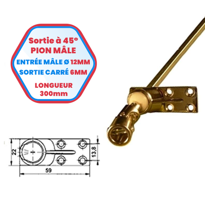 Kastenauslass mit 45°-Steckerstift – Einlass-Stecker Ø 12 mm – quadratischer Auslass 6 mm – Zamak-Platte 17 x 73 mm