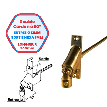 Double cardan à 90° coloris nickelé brillant - Sortie hexagonale de 7 mm
