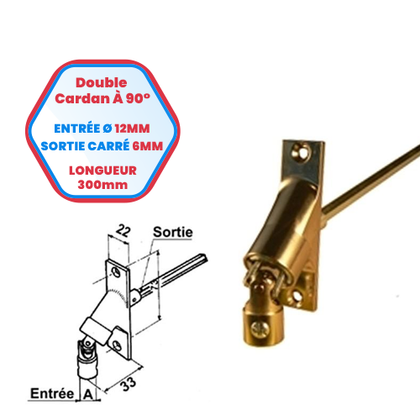 Double cardan à 90° coloris nickelé brillant - Sortie carré de 6 mm