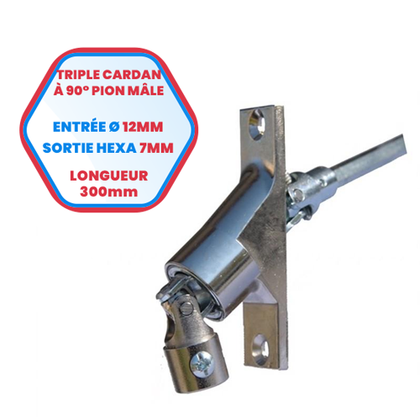 Dreifachkardan mit 90°-Außenzapfen – Einlass-Ø 12 mm – Sechskant-Auslass 7 mm – Länge 300 mm
