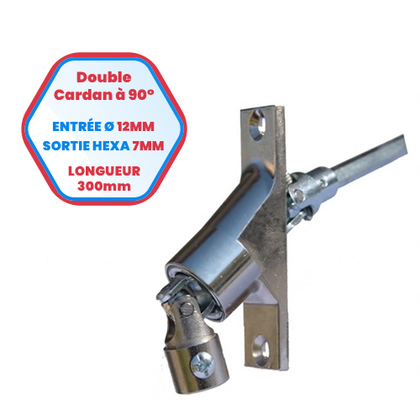 Dreifachkardan mit 90°-Außenzapfen – Einlass-Ø 12 mm – Quadratischer Auslass 6 mm – Länge 300 mm