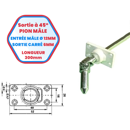 PVC-Kastenauslass mit 45°-Steckerzapfen – Einlass-Außengewinde Ø 12 mm – quadratischer Auslass 6 mm – Länge 300 mm