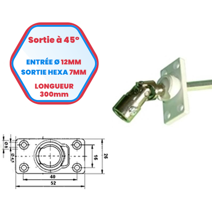 PVC-Kastenauslass bei 45° – Einlass Ø 12 mm – Sechskantauslass 7 mm – Länge 300 mm