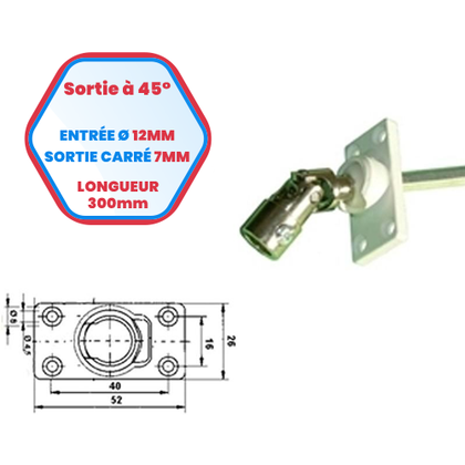 PVC-Kastenauslass im 45°-Winkel - Einlass Ø 12 mm - Quadratischer Auslass 7 mm - Länge 300 mm