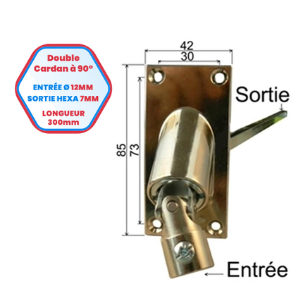 Double cardan à 90° - Entrée Ø 12 mm - Sortie hexagonale de 7 mm