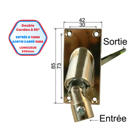 Double cardan à 90° - Entrée Ø 12 mm - Sortie carré de 6 mm