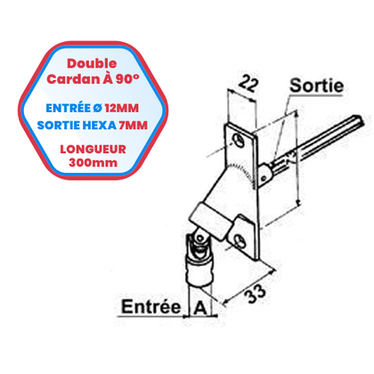 Double cardan à 90° coloris blanc - Entrée Ø 12 mm - Sortie hexagonale de 7 mm