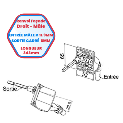 Renvoi en façade modèle droit - Entrée mâle Ø 11.9 mm Sortie carrée de 6 mm  longueur 343 mm