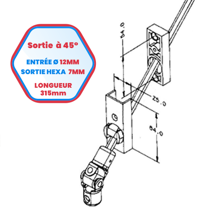 Sortie de caisson grise à 45° - Entrée Ø 12 mm - Sortie hexa de 7 mm - Longueur 315 mm