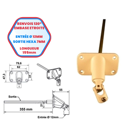 Renvois embase large - Entrée Ø 12 mm - Sortie hexagonale de 7 - Lg 155 mm