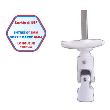 Sortie de caisson à 45° - Entrée Ø 12 mm - Sortie carrée de 6 mm - Longueur 170 mm