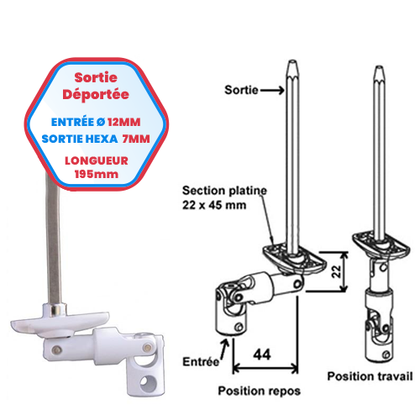 Sortie de caisson déportée - Entrée Ø 12 mm - Sortie hexa de 7 mm - Longueur 195 mm - Fixation 3 vis
