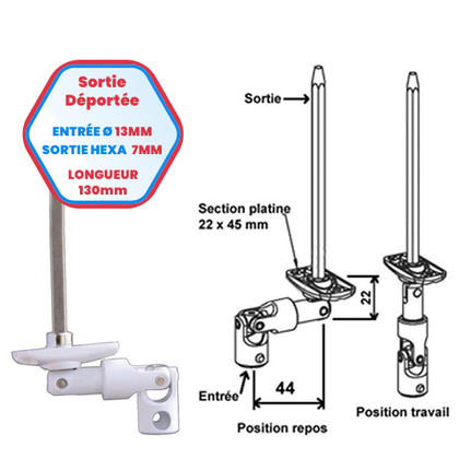 Sortie de caisson déportée - Entrée Ø 13 mm - Sortie hexa de 7 mm - Longueur 130 mm